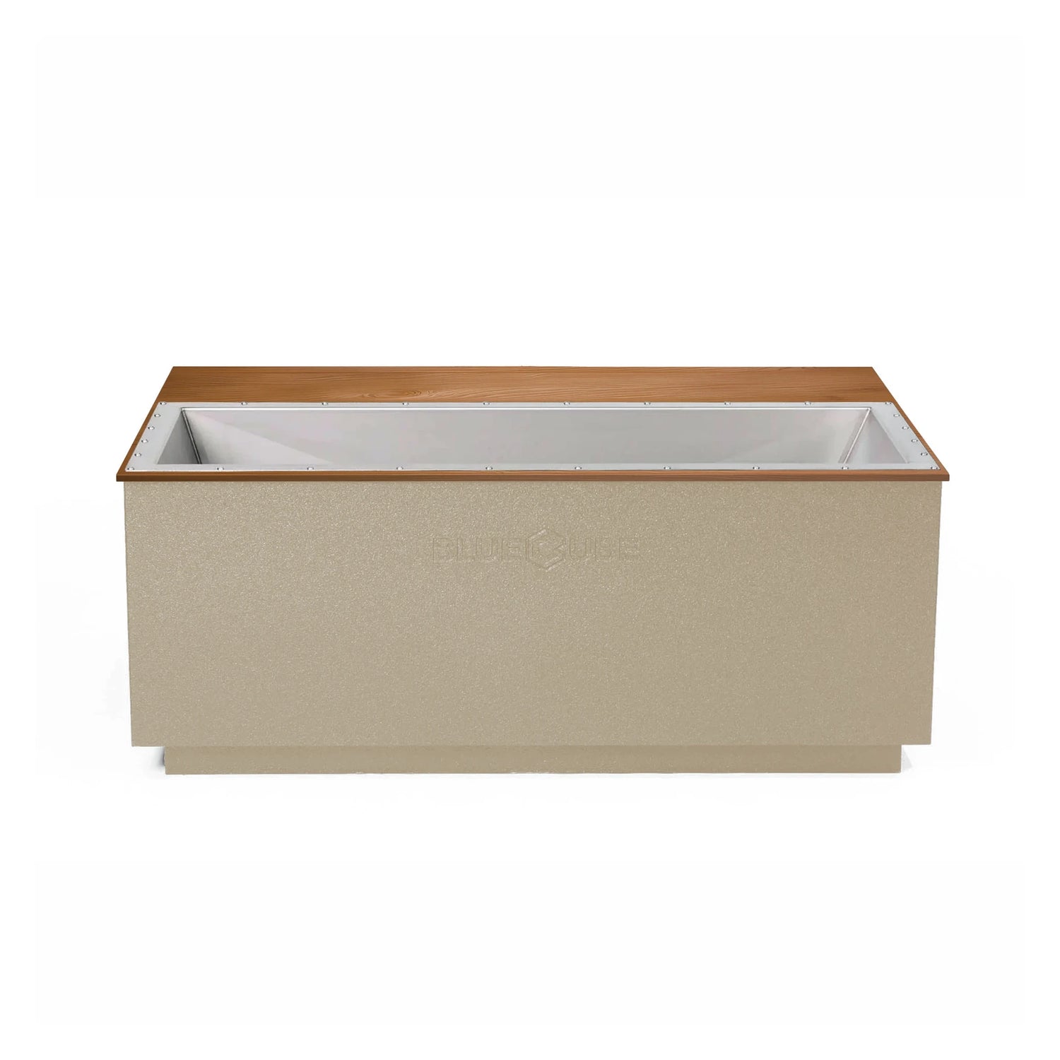 Beige BlueCube CoreChill 3 Elite Cold Plunge Tub with line-x coating and mahogany top which is commercial grade and handmade in America