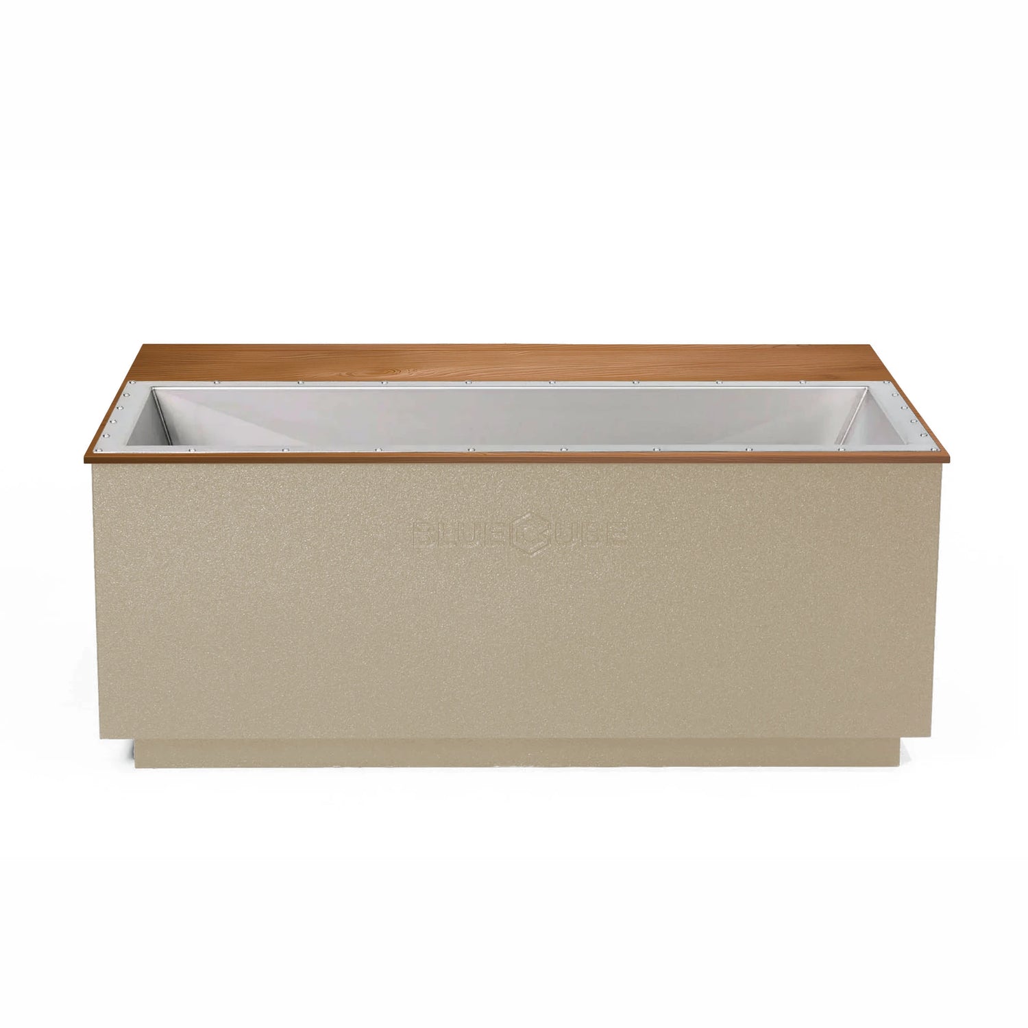 Beige BlueCube CoreChill 3 Elite Cold Plunge Tub with mahogany top which is commercial grade and handmade in America