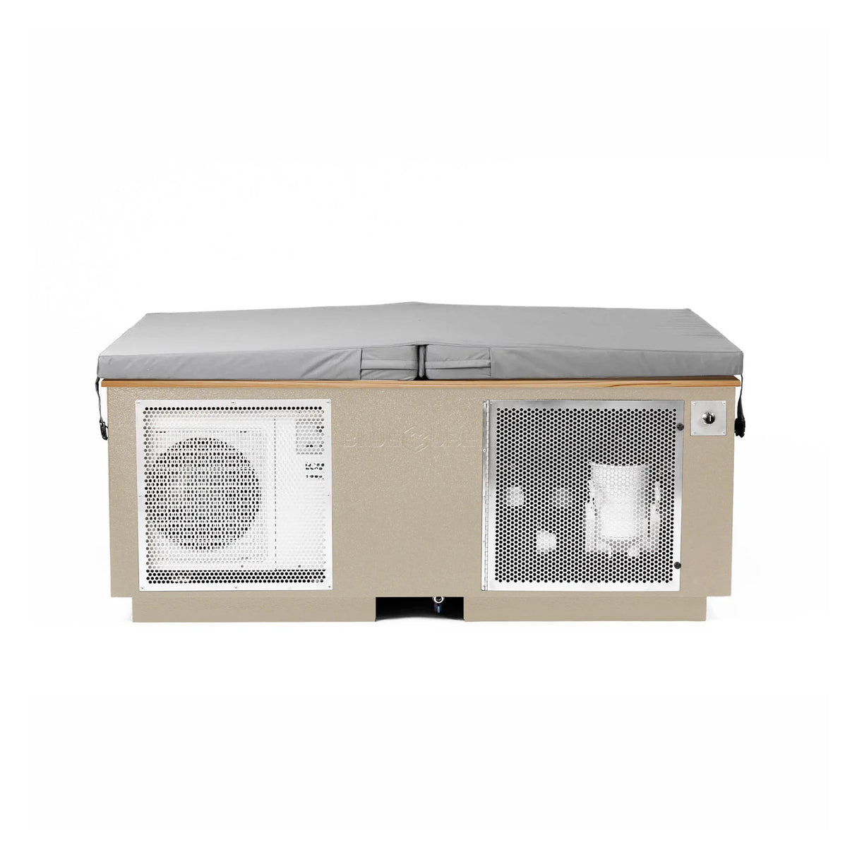 Beige BlueCube CoreChill 3 Elite Cold Plunge Tub with line-x coating and mahogany top which is commercial grade and handmade in America