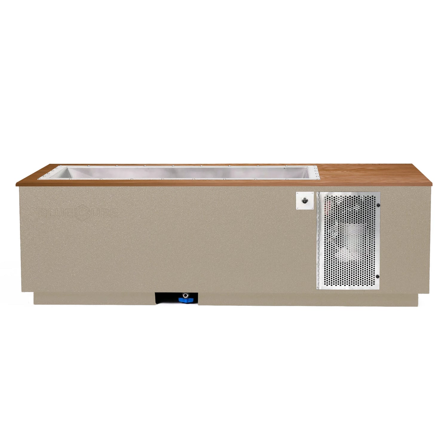 Beige BlueCube CoreChill 3 Cold Plunge Tub with mahogany top which is commercial grade and handmade in America