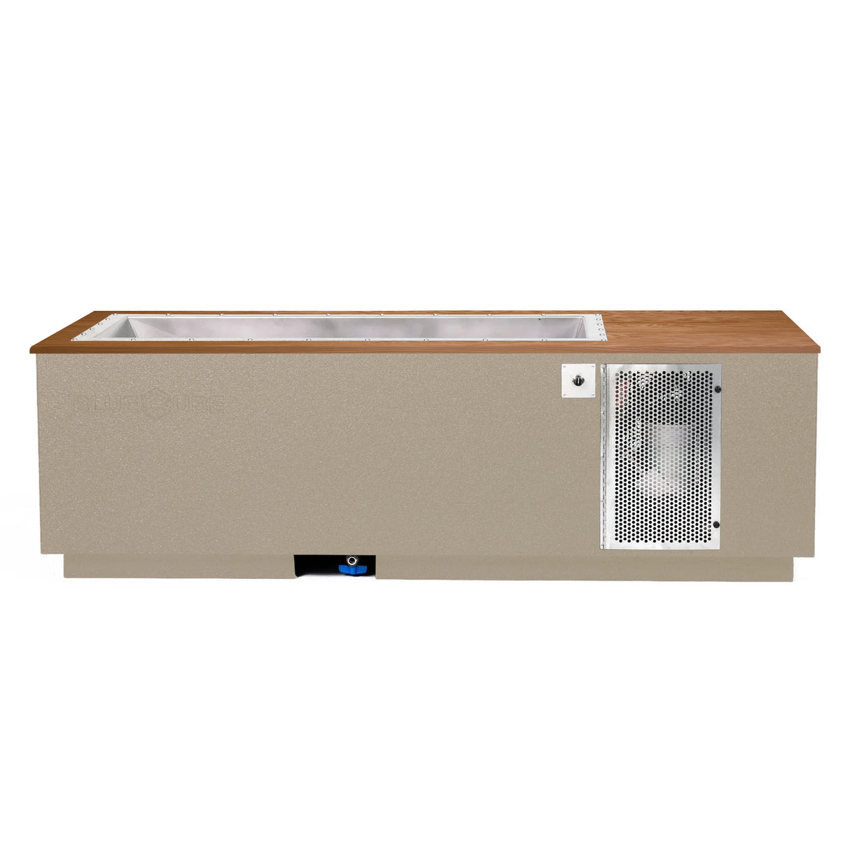Beige BlueCube CoreChill 3 Cold Plunge Tub with mahogany top which is commercial grade and handmade in America