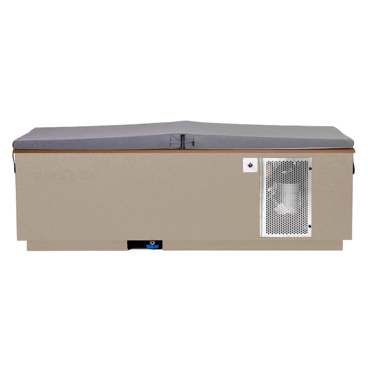 Beige BlueCube CoreChill 3 Cold Plunge Tub with mahogany top and spa cover which is commercial grade and handmade in America