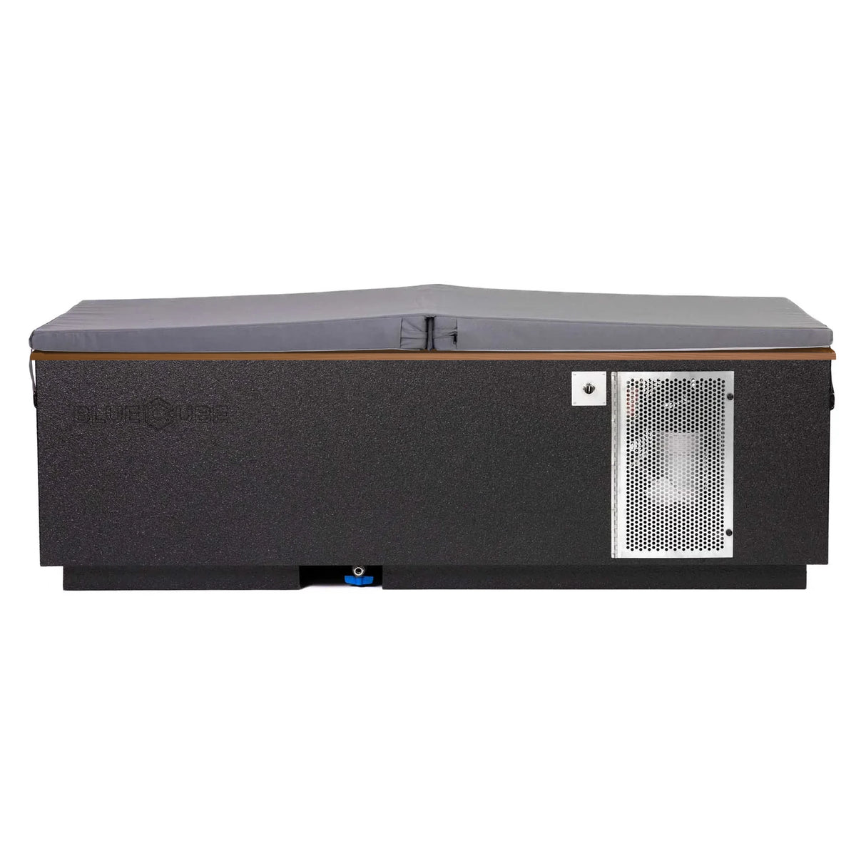 Black BlueCube CoreChill 3 Cold Plunge Tub with mahogany top and spa cover which is commercial grade and handmade in America