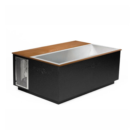 Black BlueCube CoreChill 3 Elite Cold Plunge Tub with line-x coating and mahogany top which is commercial grade and handmade in America