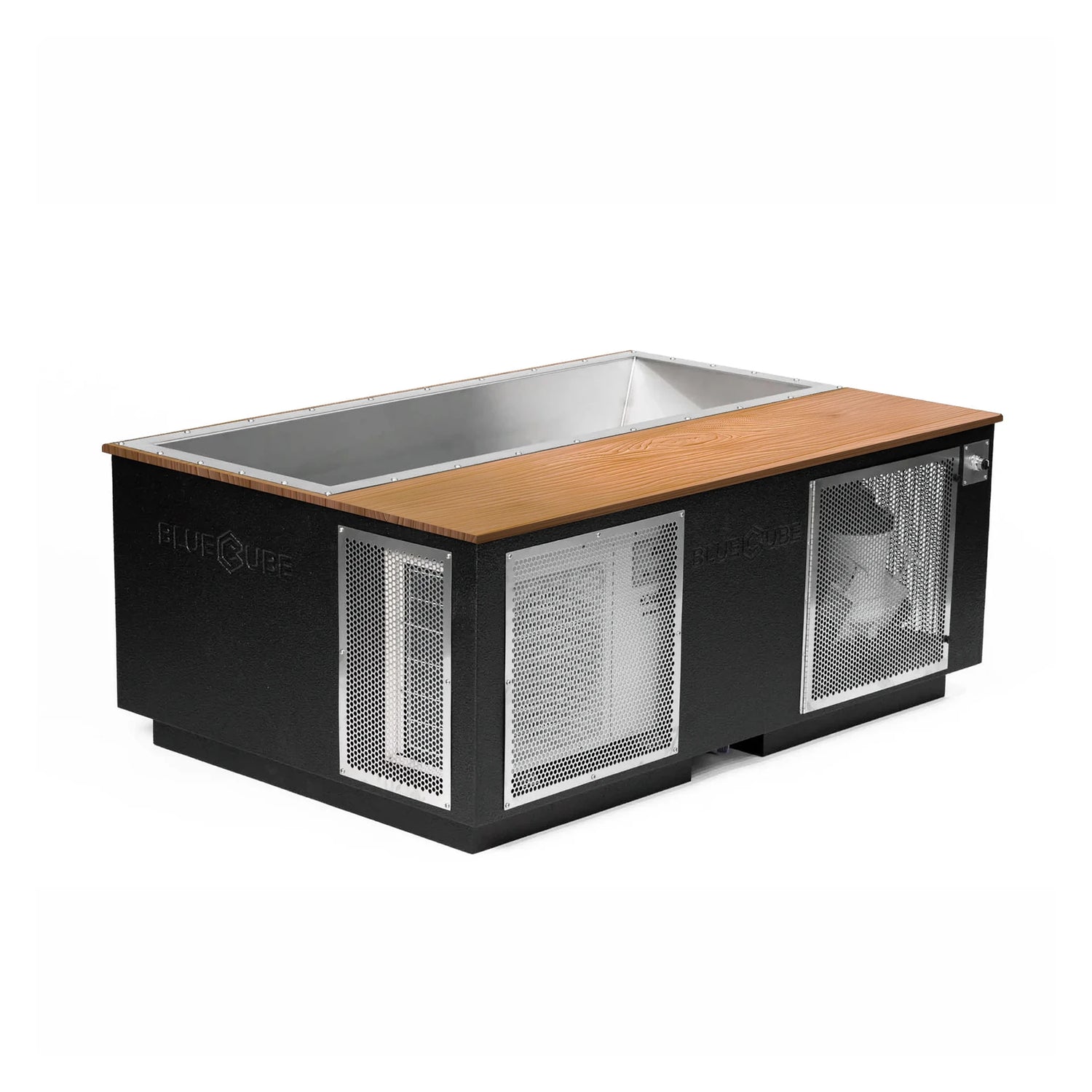 Black BlueCube CoreChill 3 Elite Cold Plunge Tub with line-x coating and mahogany top which is commercial grade and handmade in America