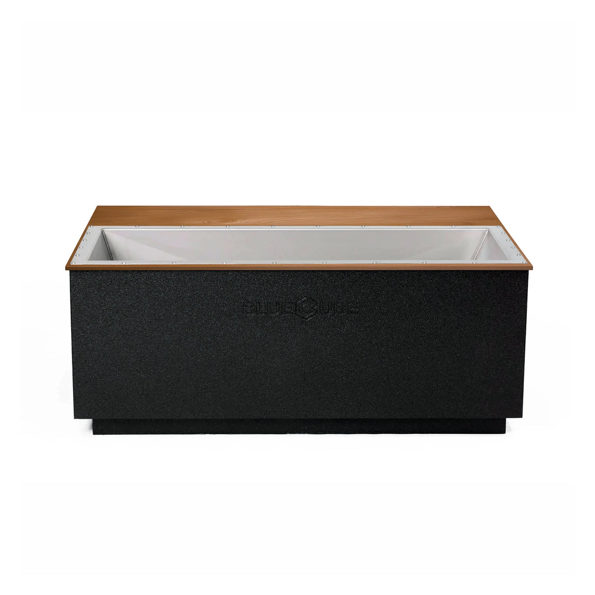 Black BlueCube CoreChill 3 Elite Cold Plunge Tub with line-x coating and mahogany top which is commercial grade and handmade in America