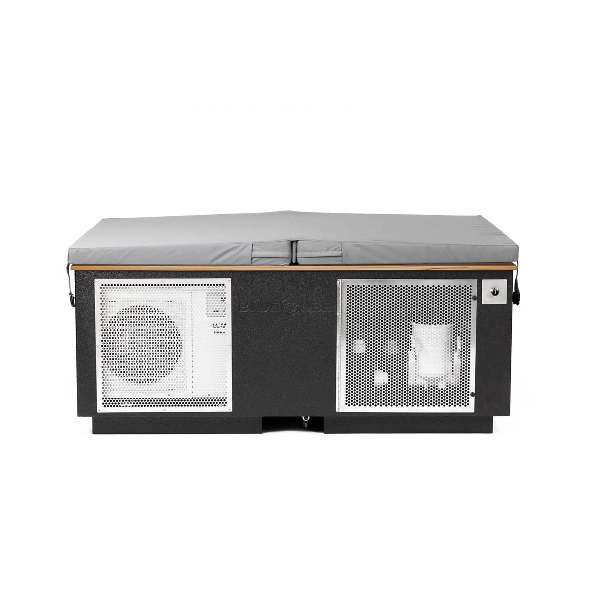 Black BlueCube CoreChill 3 Elite Cold Plunge Tub with line-x coating and mahogany top which is commercial grade and handmade in America