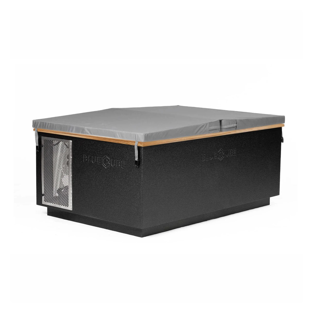 Black BlueCube CoreChill 3 Elite Cold Plunge Tub with line-x coating and mahogany top which is commercial grade and handmade in America