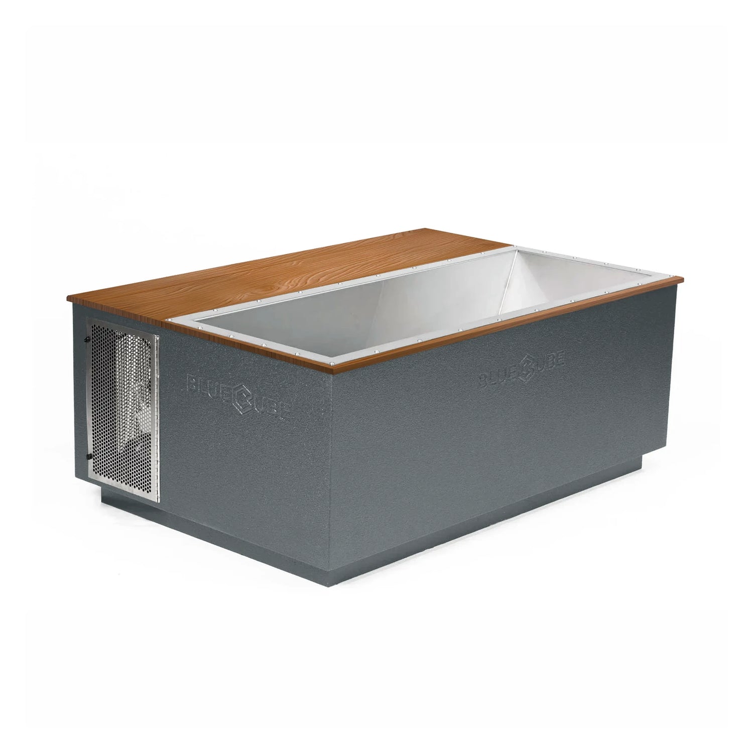 Gray BlueCube CoreChill 3 Elite Cold Plunge Tub with line-x coating and mahogany top which is commercial grade and handmade in America