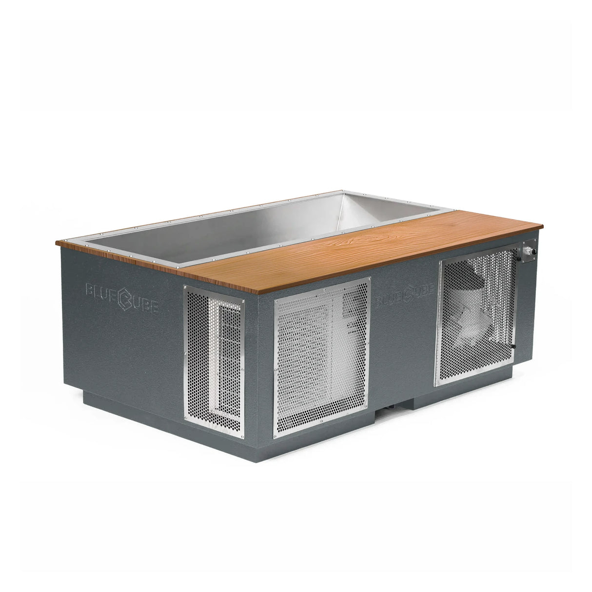 Gray BlueCube CoreChill 3 Elite Cold Plunge Tub with line-x coating and mahogany top which is commercial grade and handmade in America