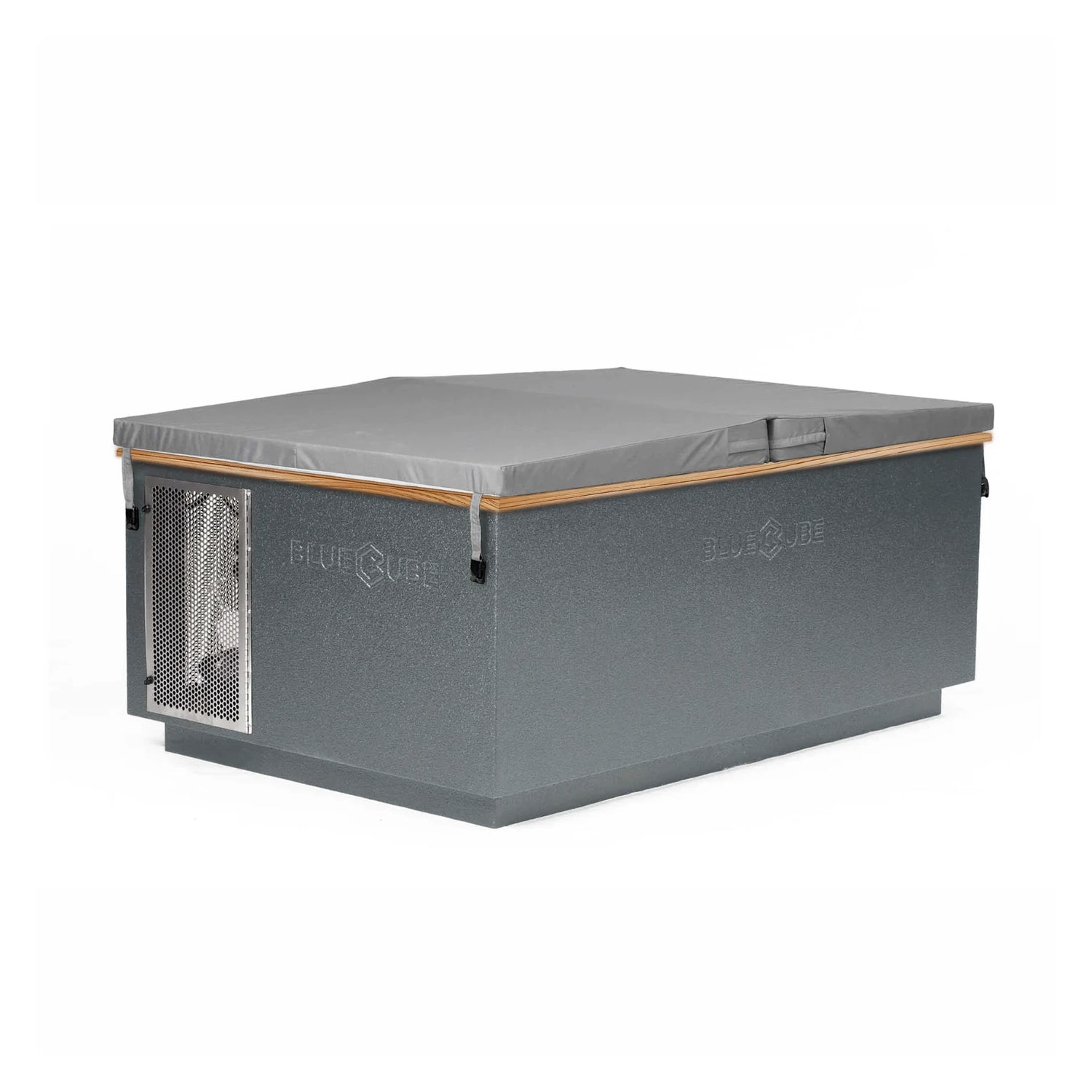 Gray BlueCube CoreChill 3 Elite Cold Plunge Tub with line-x coating and mahogany top which is commercial grade and handmade in America