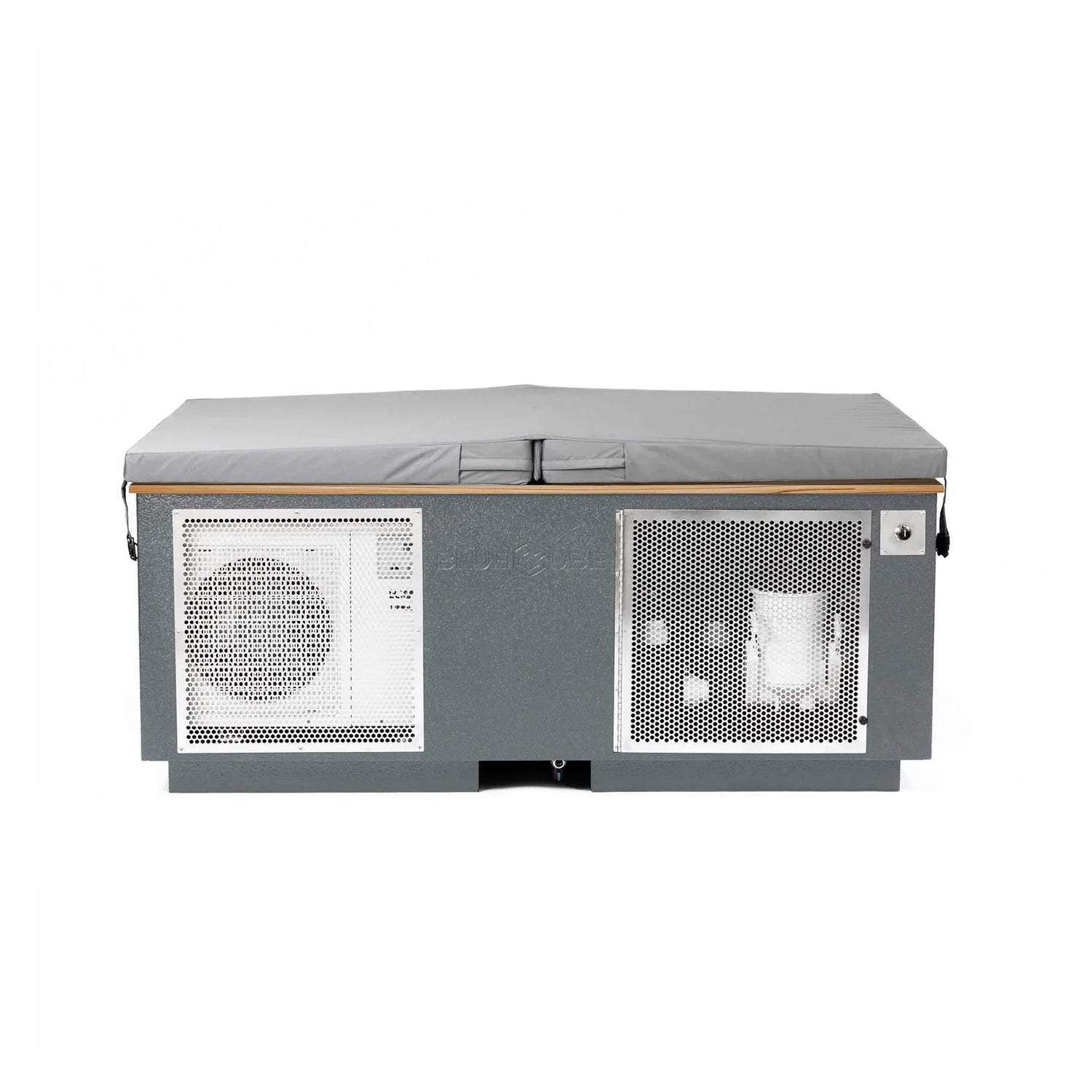 Gray BlueCube CoreChill 3 Elite Cold Plunge Tub with line-x coating and mahogany top which is commercial grade and handmade in America