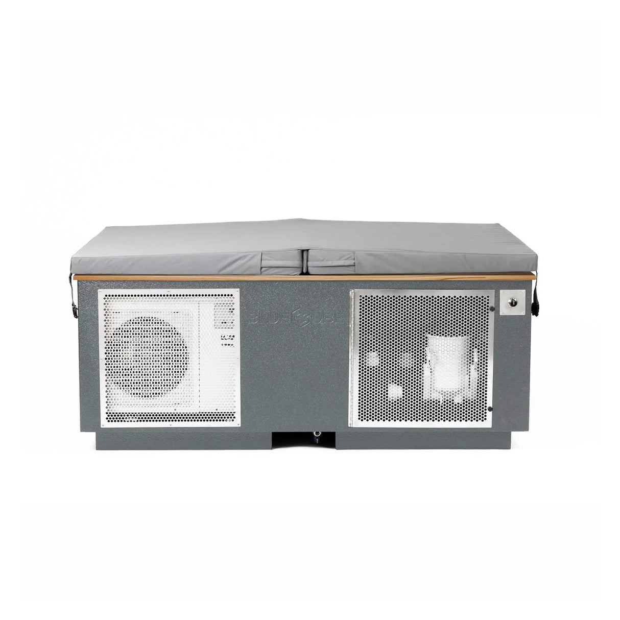 Gray BlueCube CoreChill 3 Elite Cold Plunge Tub with line-x coating and mahogany top which is commercial grade and handmade in America