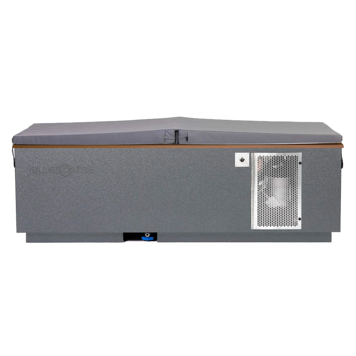 Gray BlueCube CoreChill 3 Cold Plunge Tub with mahogany top and spa cover which is commercial grade and handmade in America