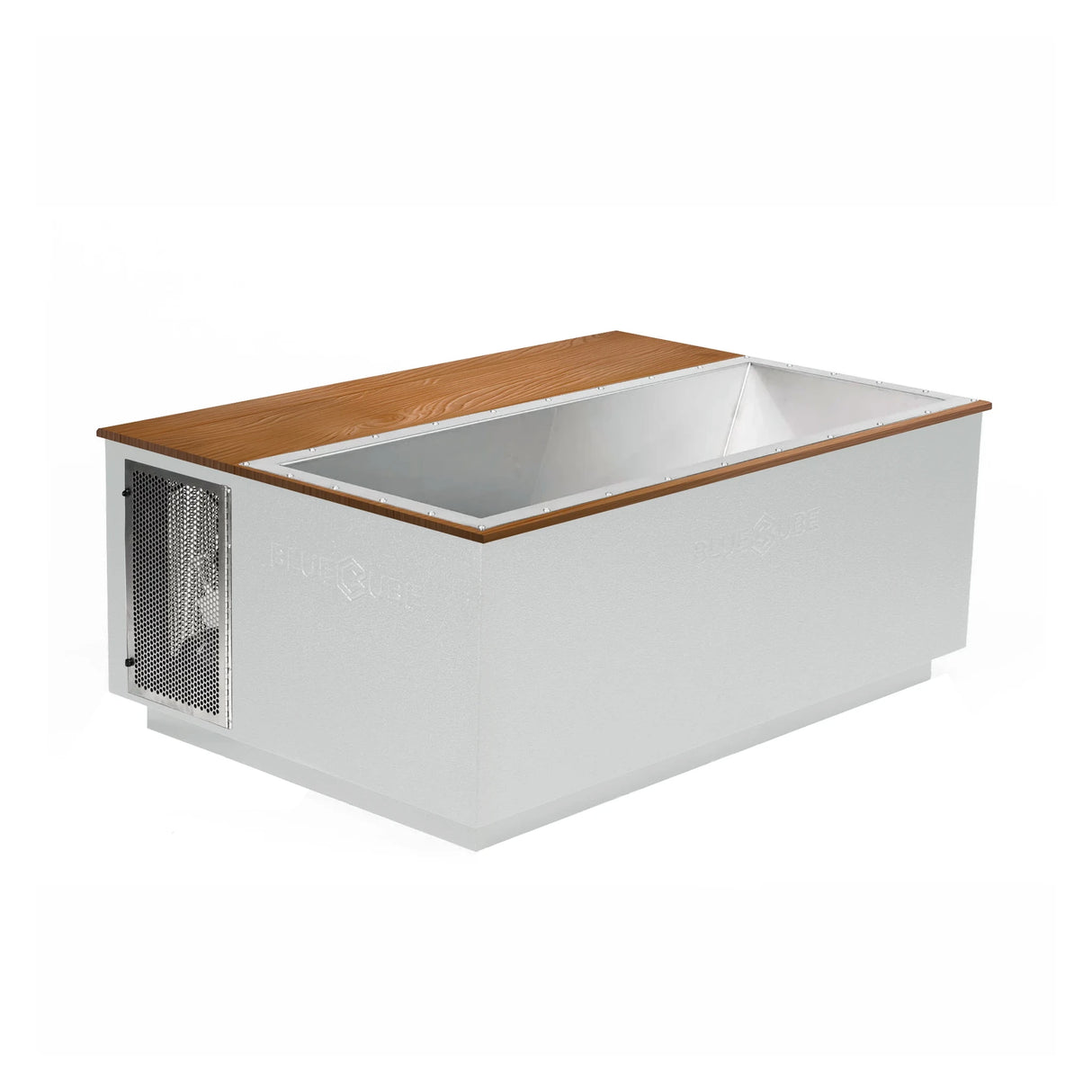 White BlueCube CoreChill 3 Elite Cold Plunge Tub with line-x coating and mahogany top which is commercial grade and handmade in America