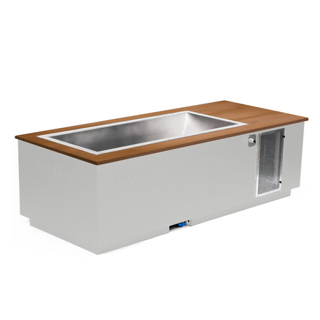 White BlueCube CoreChill 3 Cold Plunge Tub with mahogany top which is commercial grade and handmade in America