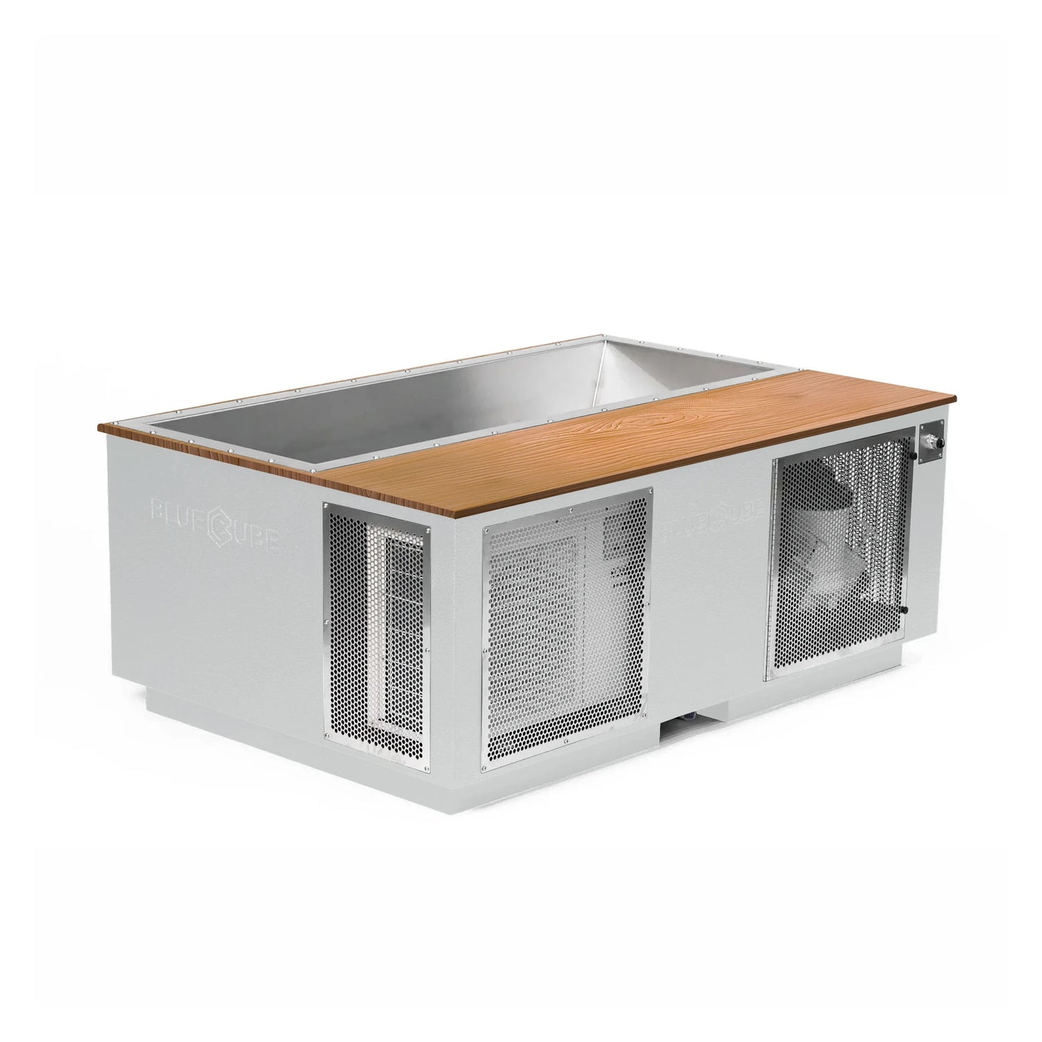 White BlueCube CoreChill 3 Elite Cold Plunge Tub with line-x coating and mahogany top which is commercial grade and handmade in America