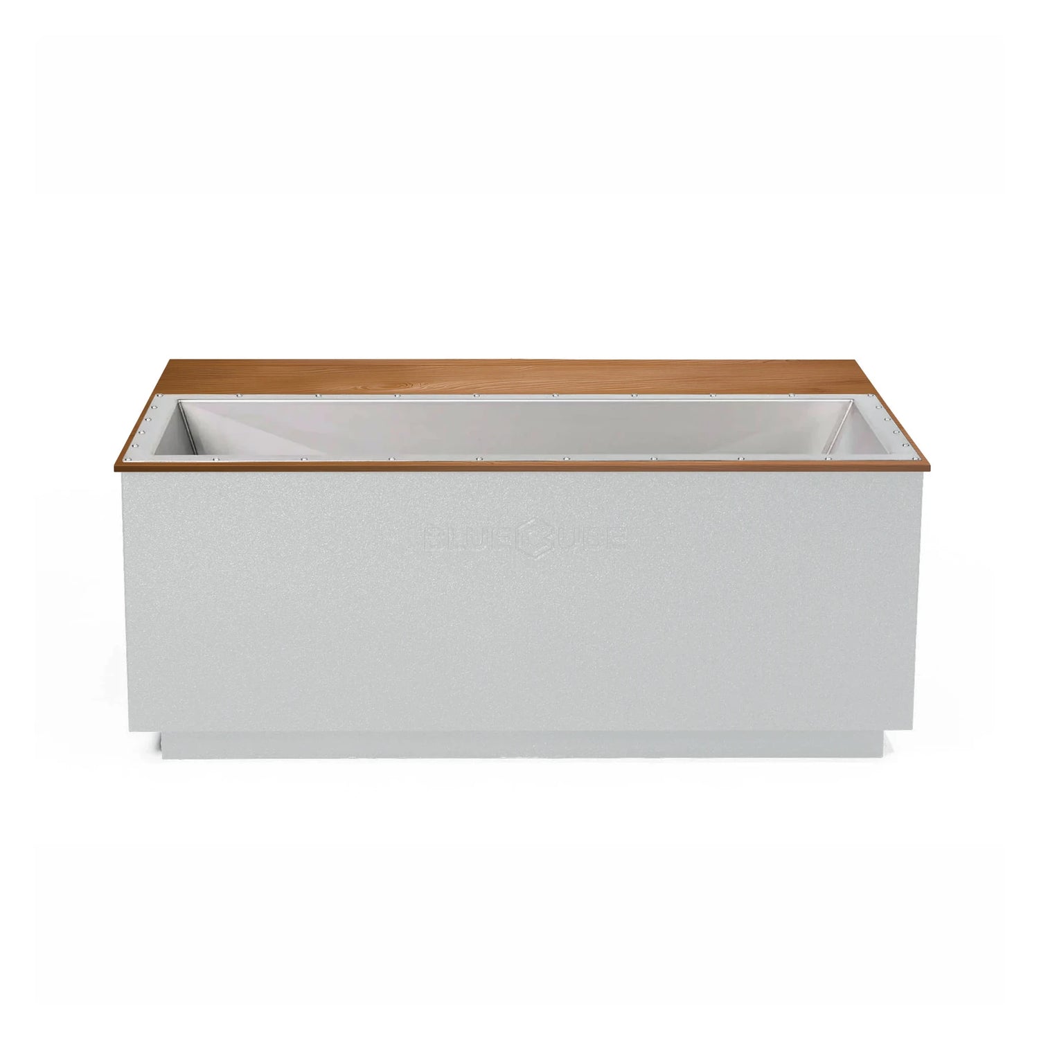 White BlueCube CoreChill 3 Elite Cold Plunge Tub with line-x coating and mahogany top which is commercial grade and handmade in America
