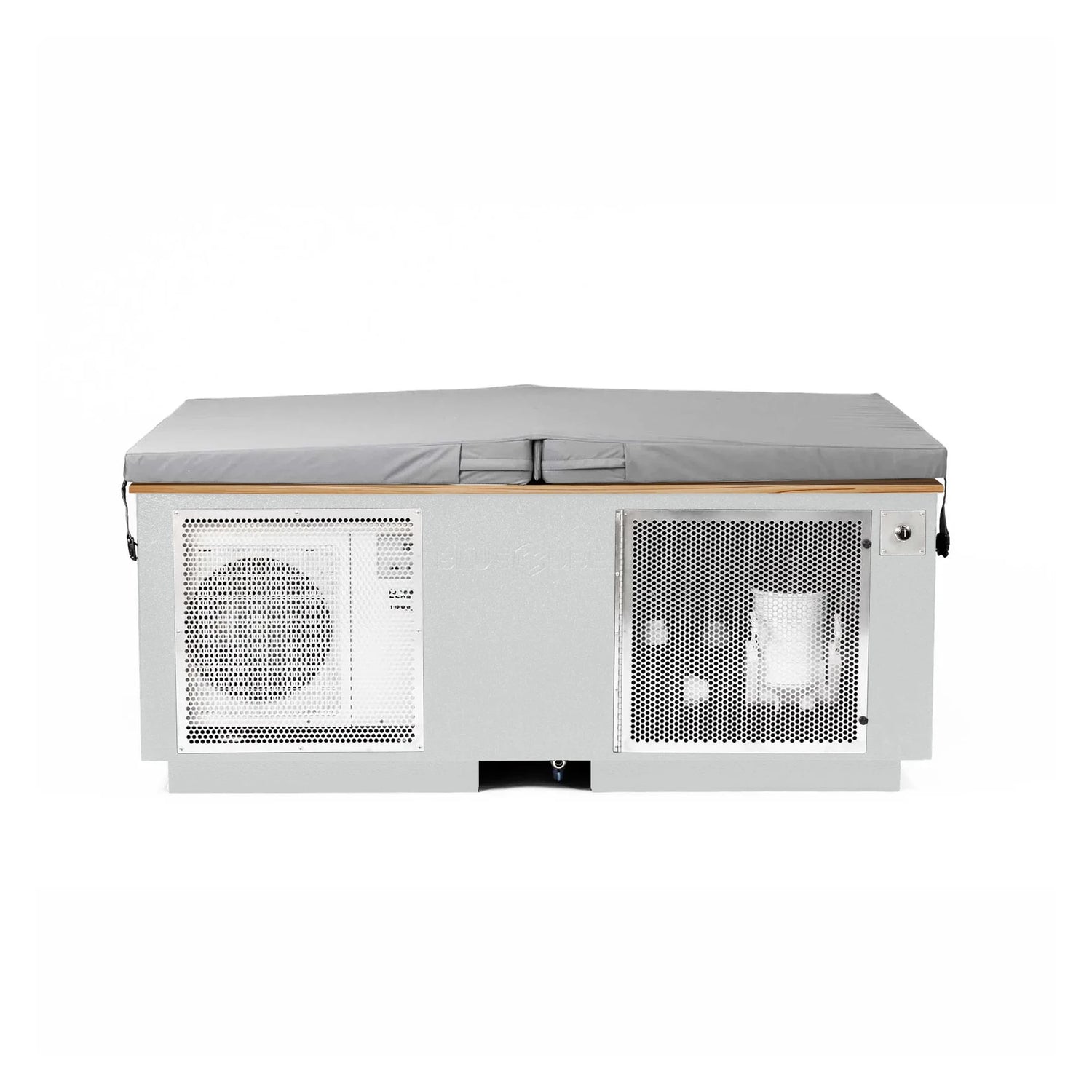 White BlueCube CoreChill 3 Elite Cold Plunge Tub with line-x coating and mahogany top which is commercial grade and handmade in America