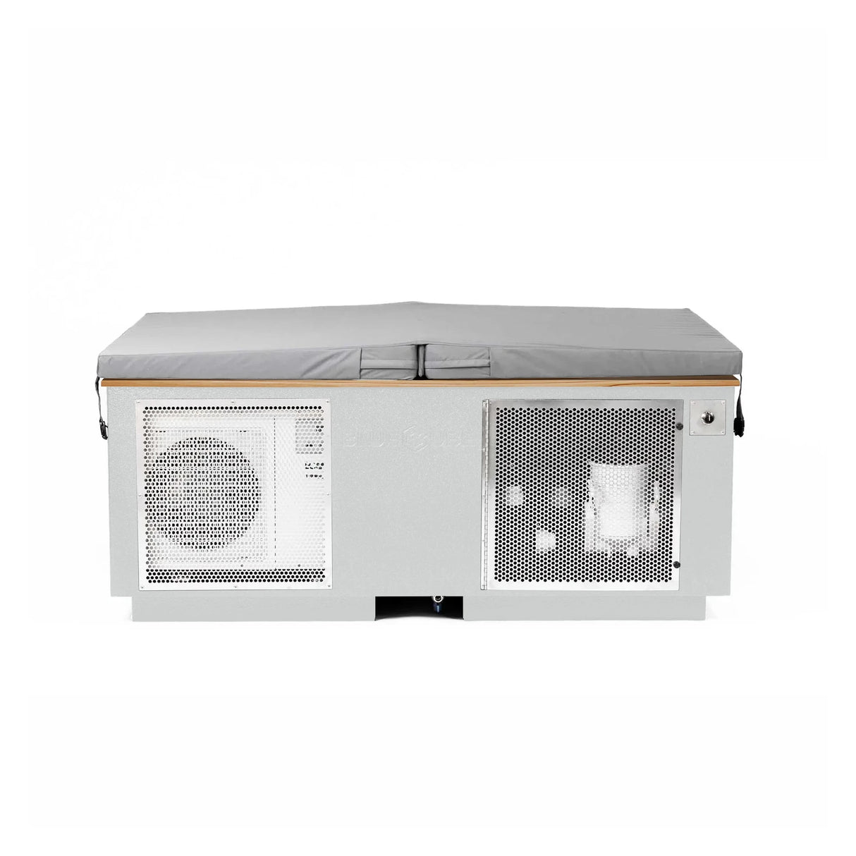 White BlueCube CoreChill 3 Elite Cold Plunge Tub with line-x coating and mahogany top which is commercial grade and handmade in America