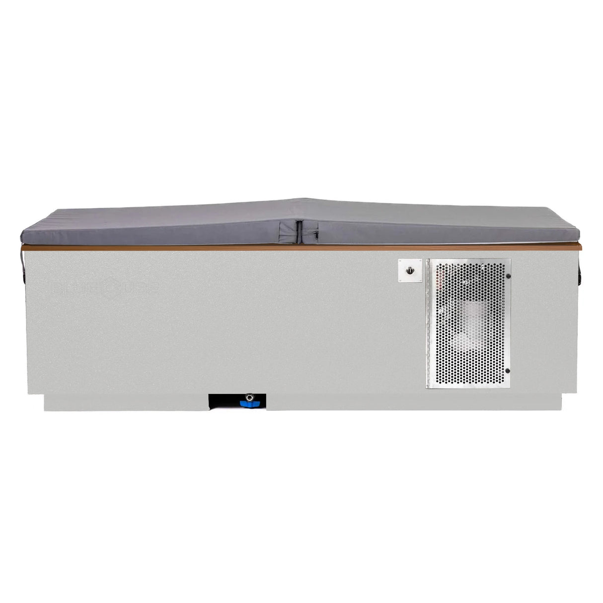 White BlueCube CoreChill 3 Cold Plunge Tub with mahogany top and spa cover which is commercial grade and handmade in America