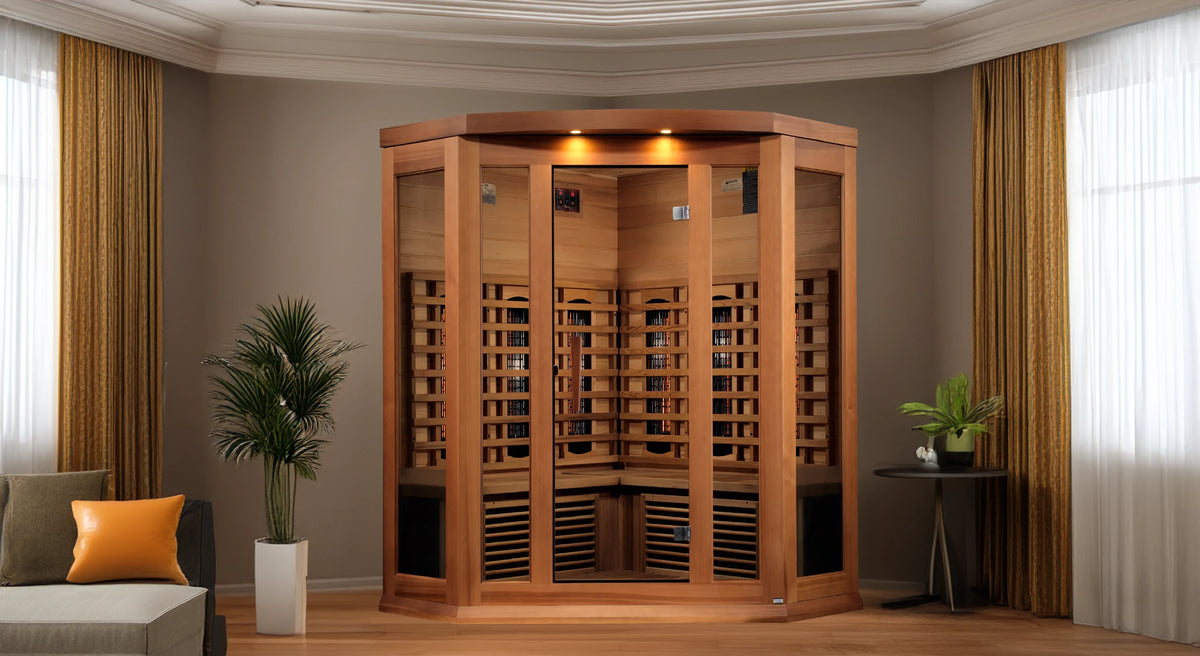 Corner sauna model in the corner of a living room