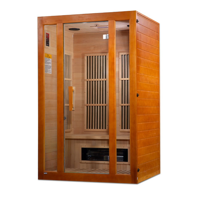 Maxxus Saunas FAR infrared Aspen model sauna constructed from Canadian hemlock wood with a two person capacity