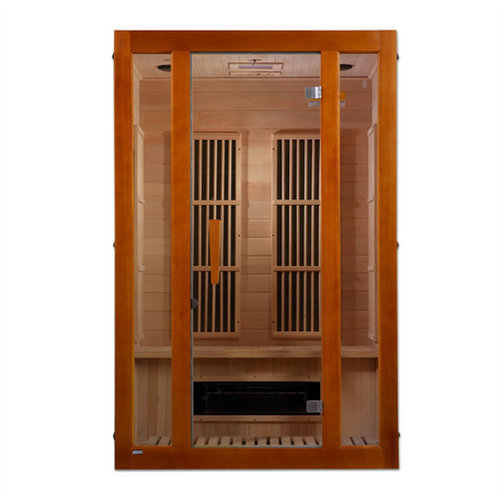 Maxxus Saunas FAR infrared Aspen model sauna constructed from Canadian hemlock wood with a two person capacity