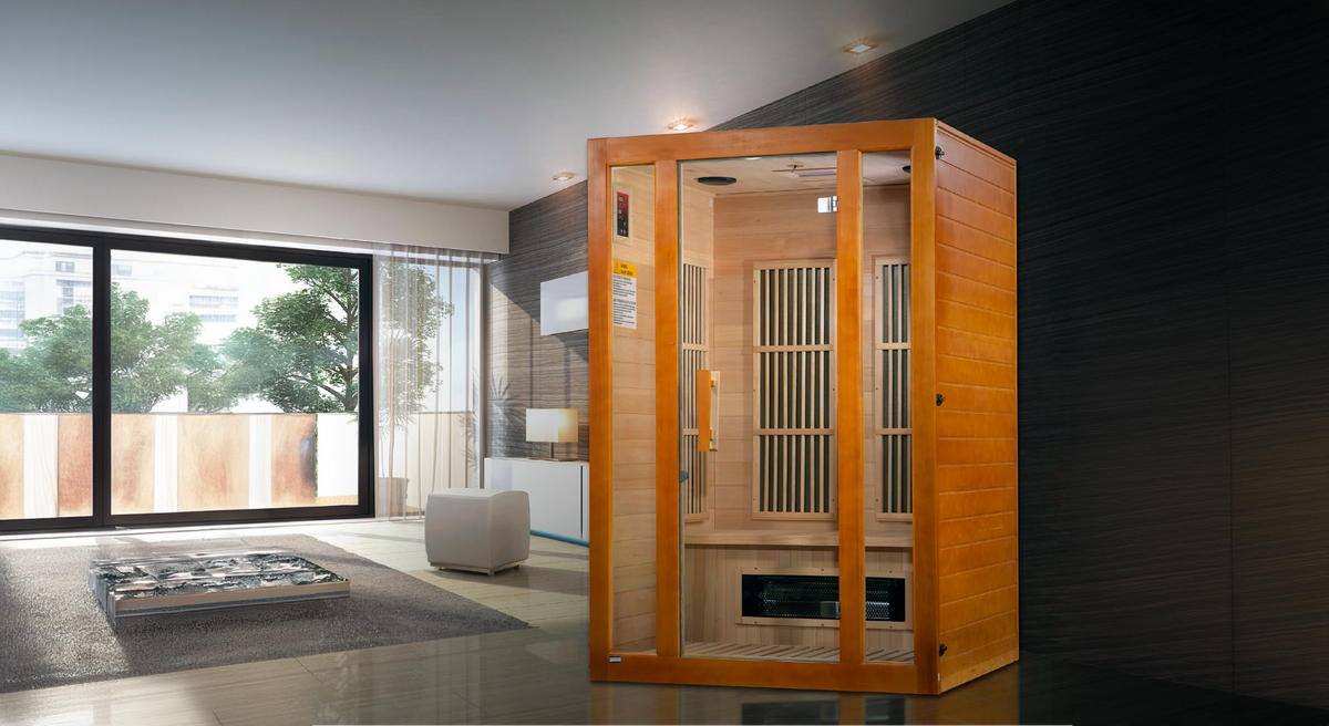 Maxxus Saunas FAR infrared Aspen model sauna constructed from Canadian hemlock wood with a two person capacity inside a living room