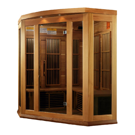 Maxxus Saunas FAR infrared Bondi corner model sauna constructed from Canadian red cedar with a three person capacity