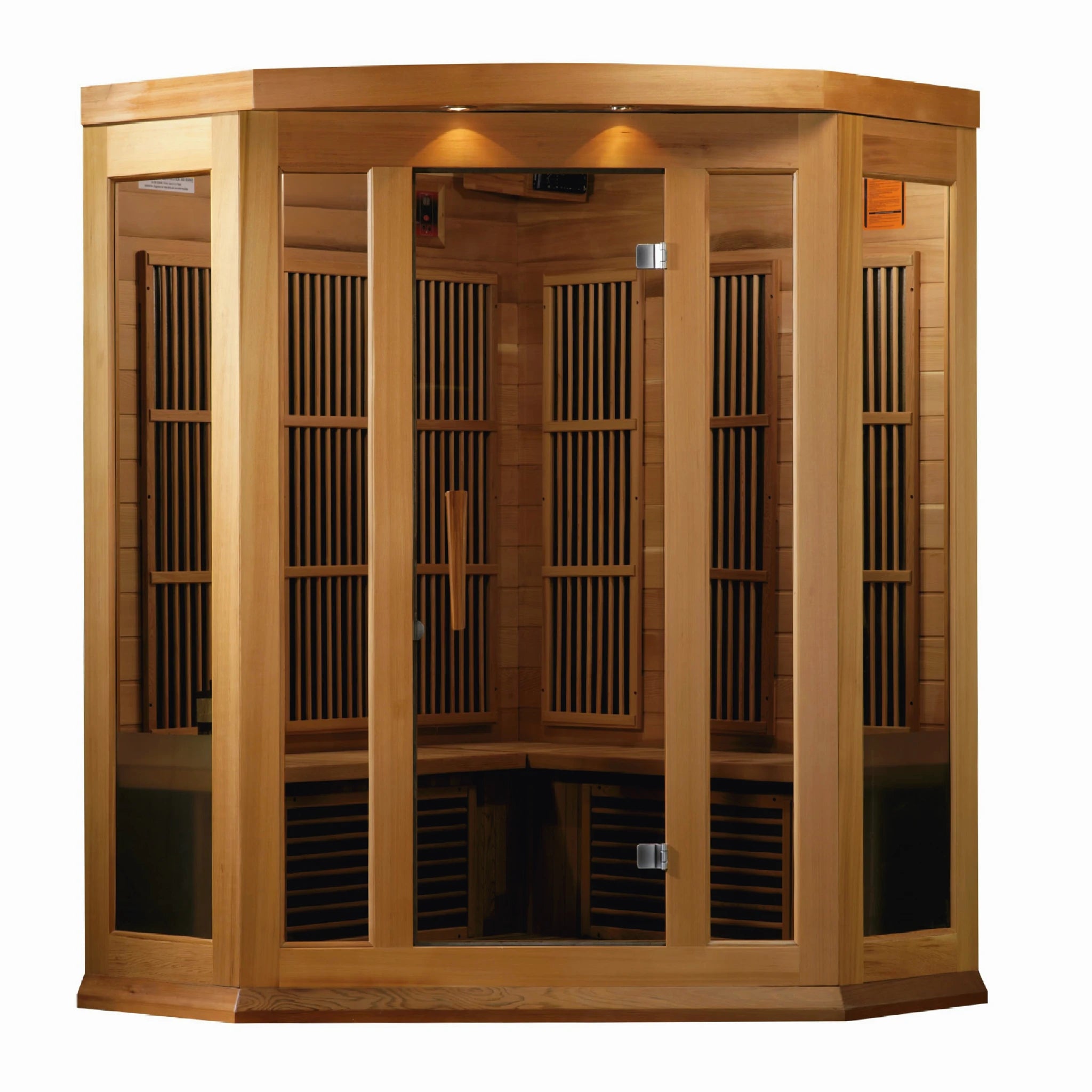 Maxxus Saunas FAR infrared Bondi corner model sauna constructed from Canadian red cedar with a three person capacity