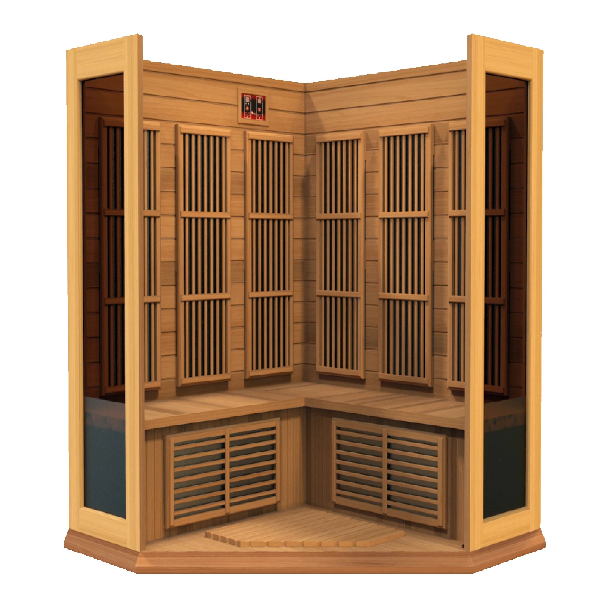 Maxxus Saunas FAR infrared Bondi corner model sauna constructed from Canadian red cedar with a three person capacity