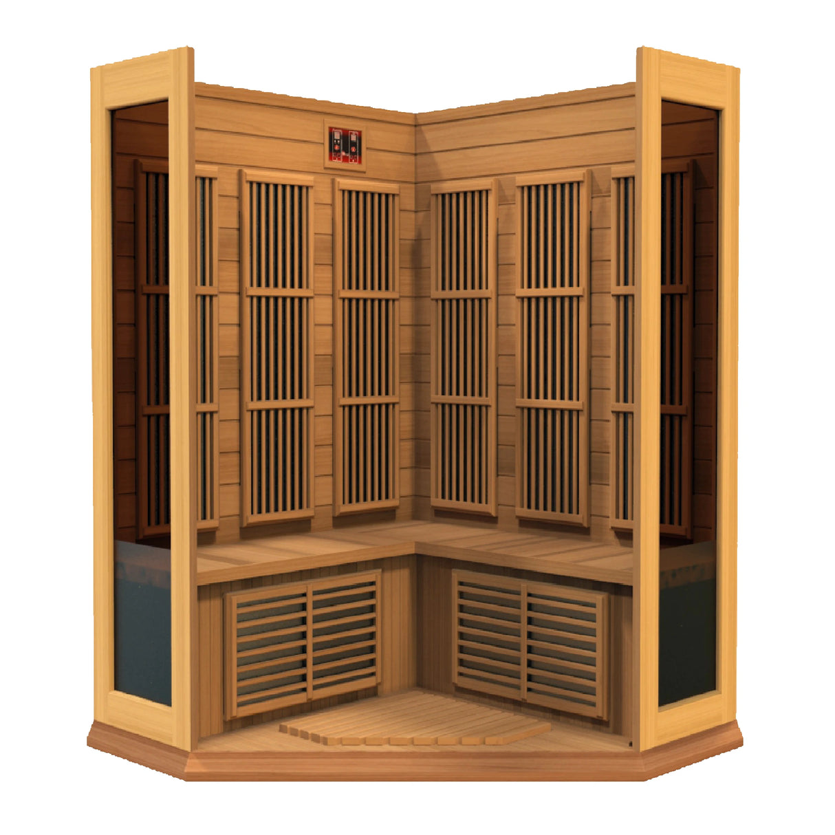 Maxxus Saunas FAR infrared Bondi corner model sauna constructed from Canadian red cedar with a three person capacity