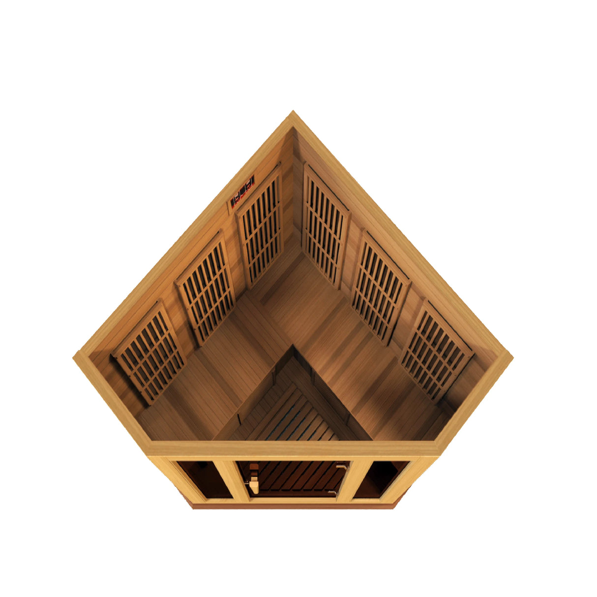 Maxxus Saunas FAR infrared Bondi corner model sauna constructed from Canadian red cedar with a three person capacity