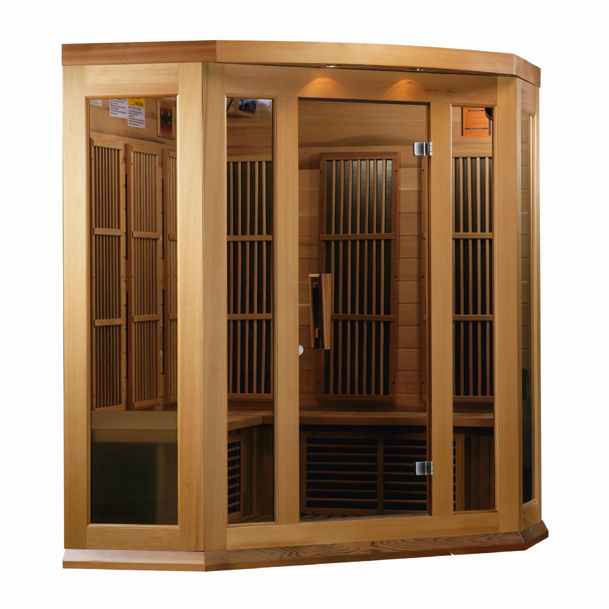 Maxxus Saunas FAR infrared Bondi corner model sauna constructed from Canadian red cedar with a three person capacity