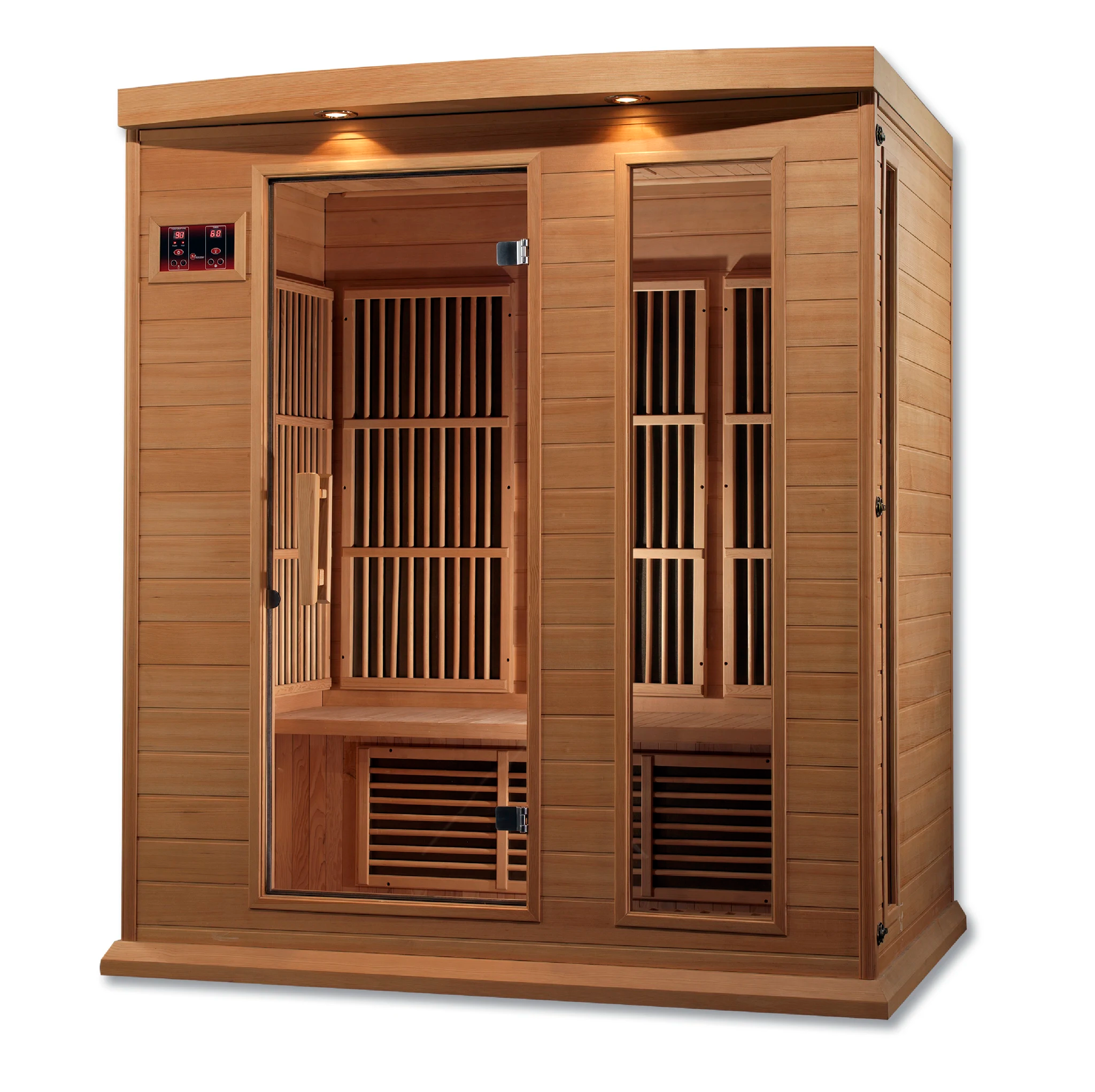 Maxxus Saunas FAR infrared Dundas model sauna constructed from Canadian hemlock with a three person capacity