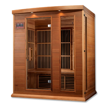 Maxxus Saunas FAR infrared Balmain model sauna constructed from Canadian red cedar with a three person capacity