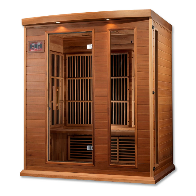 Maxxus Saunas FAR infrared Balmain model sauna constructed from Canadian red cedar with a three person capacity