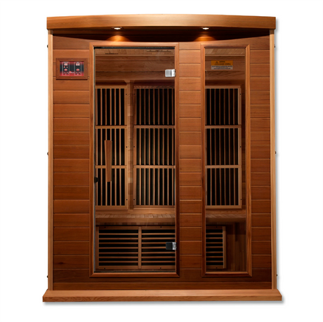 Maxxus Saunas FAR infrared Balmain model sauna constructed from Canadian red cedar with a three person capacity
