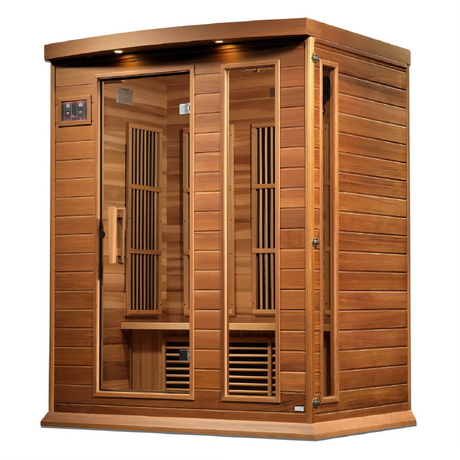 Maxxus Saunas FAR infrared Balmain model sauna constructed from Canadian red cedar with a three person capacity