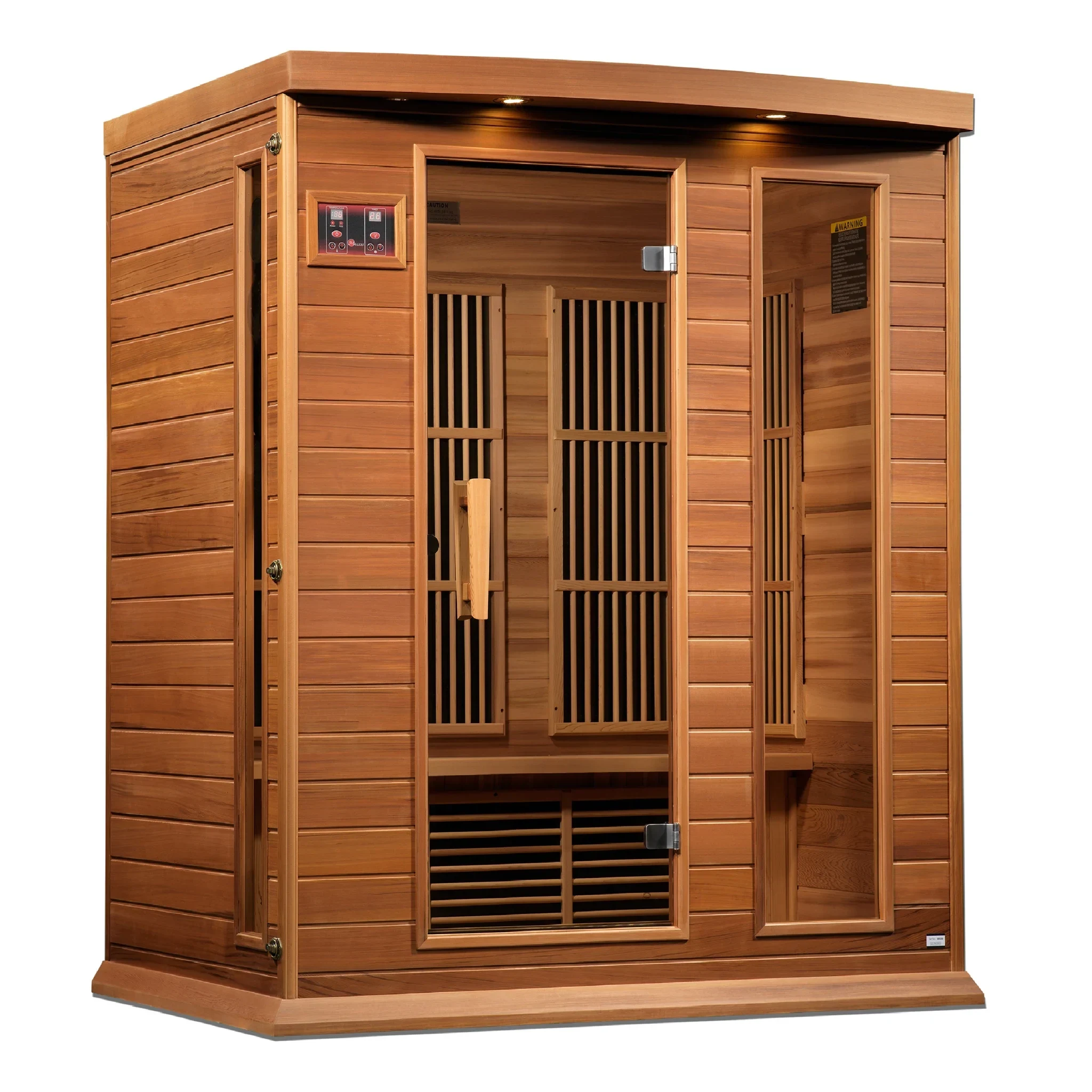 Maxxus Saunas FAR infrared Balmain model sauna constructed from Canadian red cedar with a three person capacity