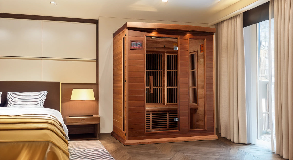 Maxxus Saunas FAR infrared Balmain model sauna constructed from Canadian red cedar with a three person capacity inside a master bedroom