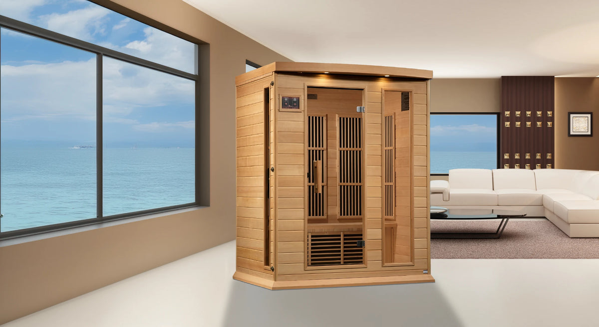 Maxxus Saunas FAR infrared Dundas model sauna constructed from Canadian hemlock with a three person capacity