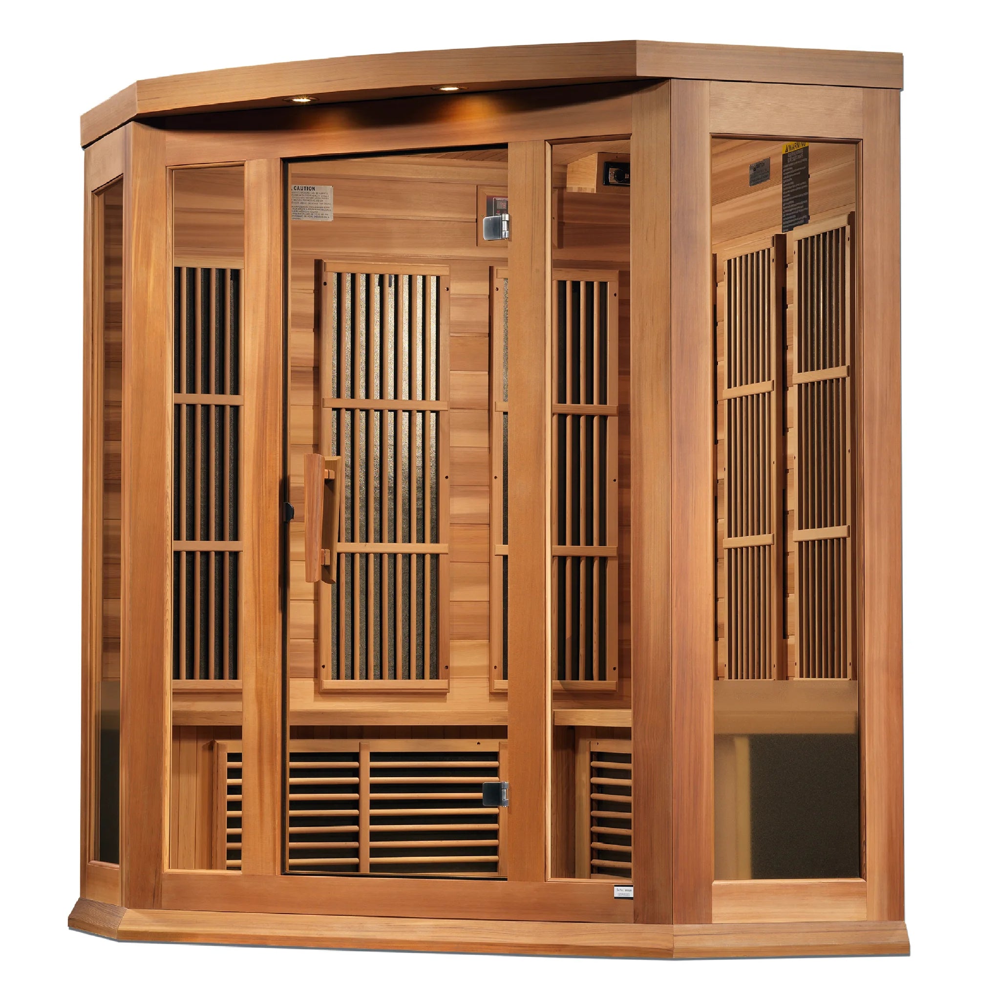 Maxxus Saunas FAR infrared Bondi corner model sauna constructed from Canadian red cedar with a three person capacity