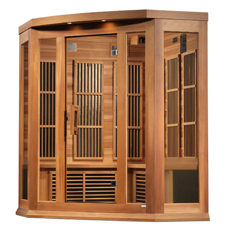Maxxus Saunas FAR infrared Bondi corner model sauna constructed from Canadian red cedar with a three person capacity