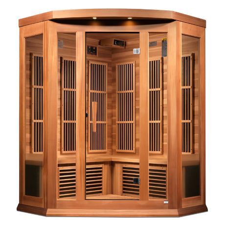 Maxxus Saunas FAR infrared Bondi corner model sauna constructed from Canadian red cedar with a three person capacity