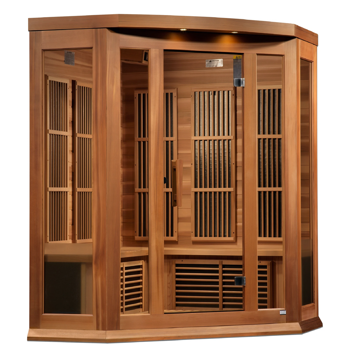 Maxxus Saunas FAR infrared Bondi corner model sauna constructed from Canadian red cedar with a three person capacity