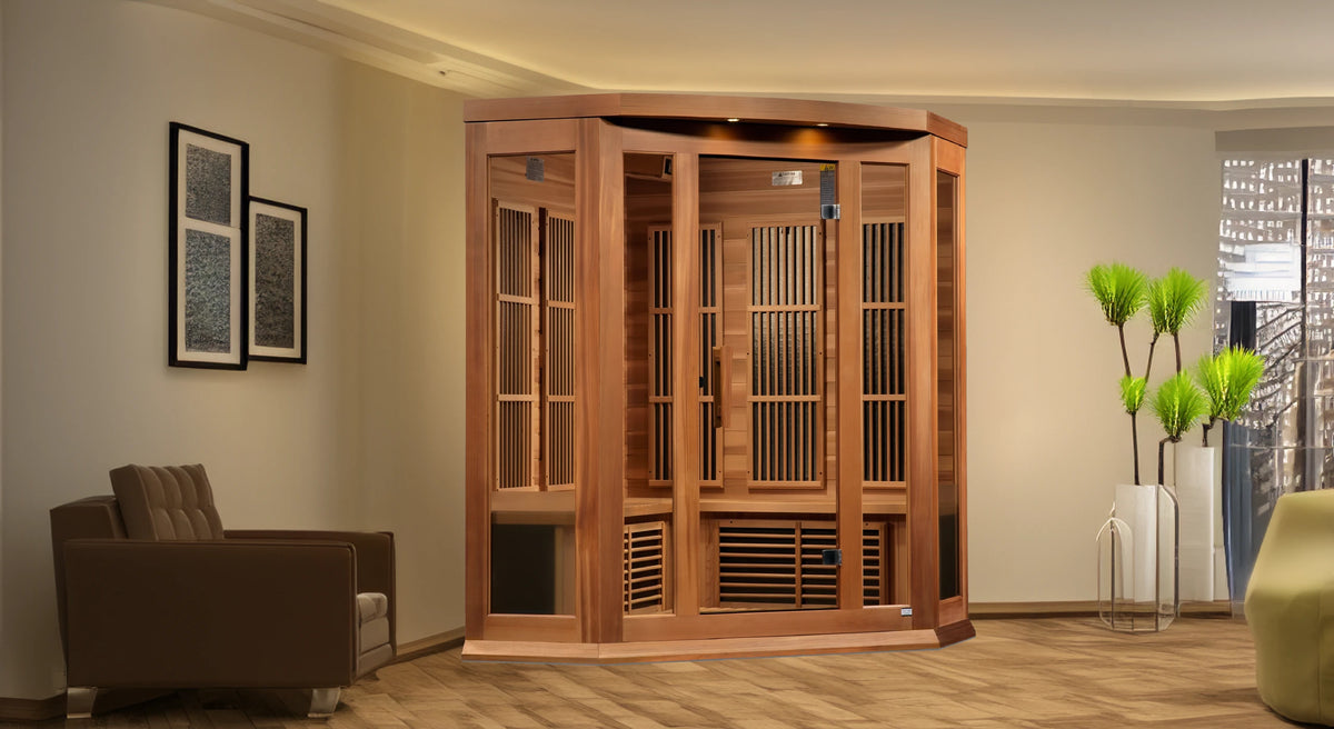 Maxxus Saunas FAR infrared Bondi corner model sauna constructed from Canadian red cedar with a three person capacity in the corner of a living room