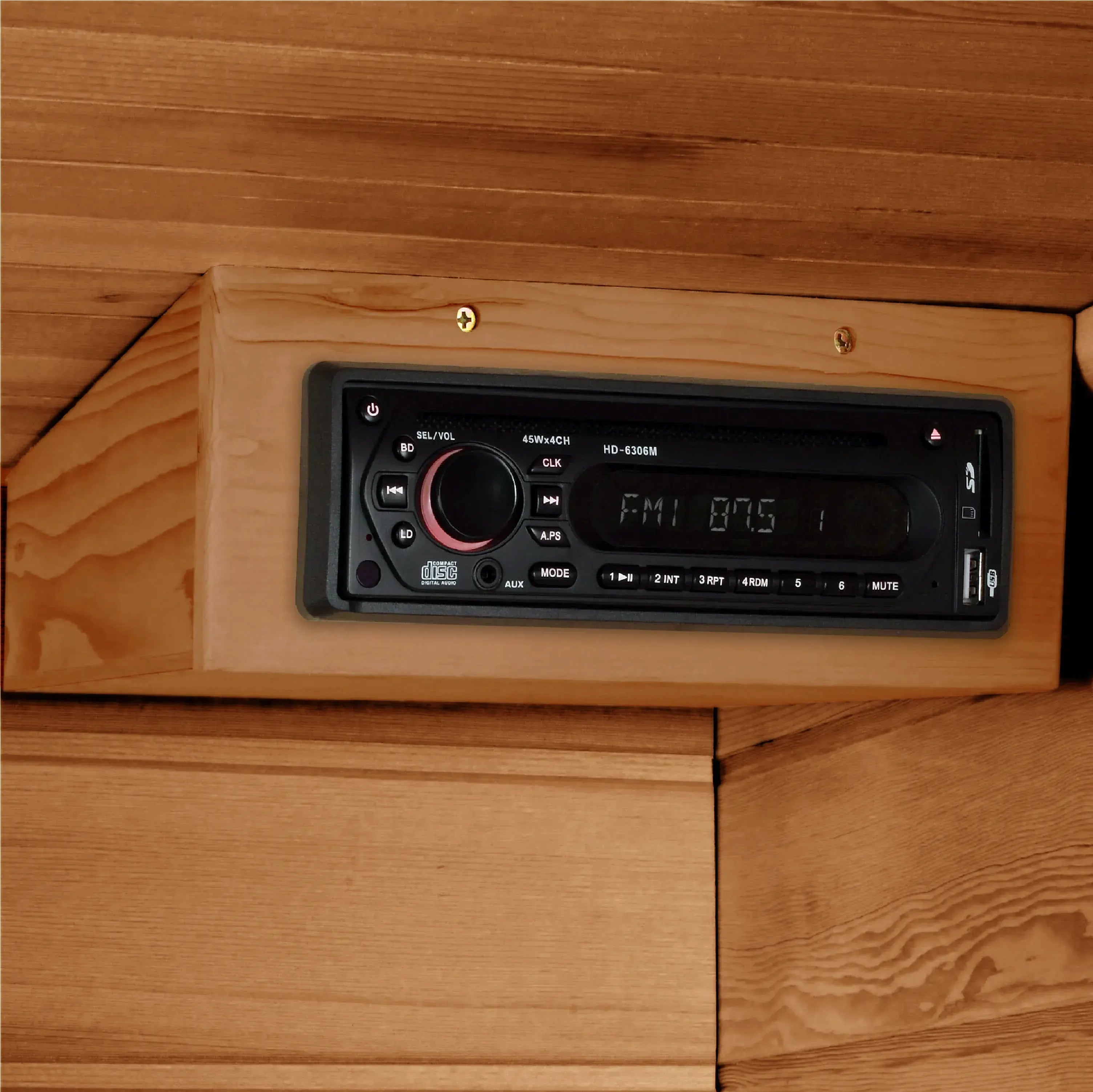 FM radio inside an infrared red cedar sauna