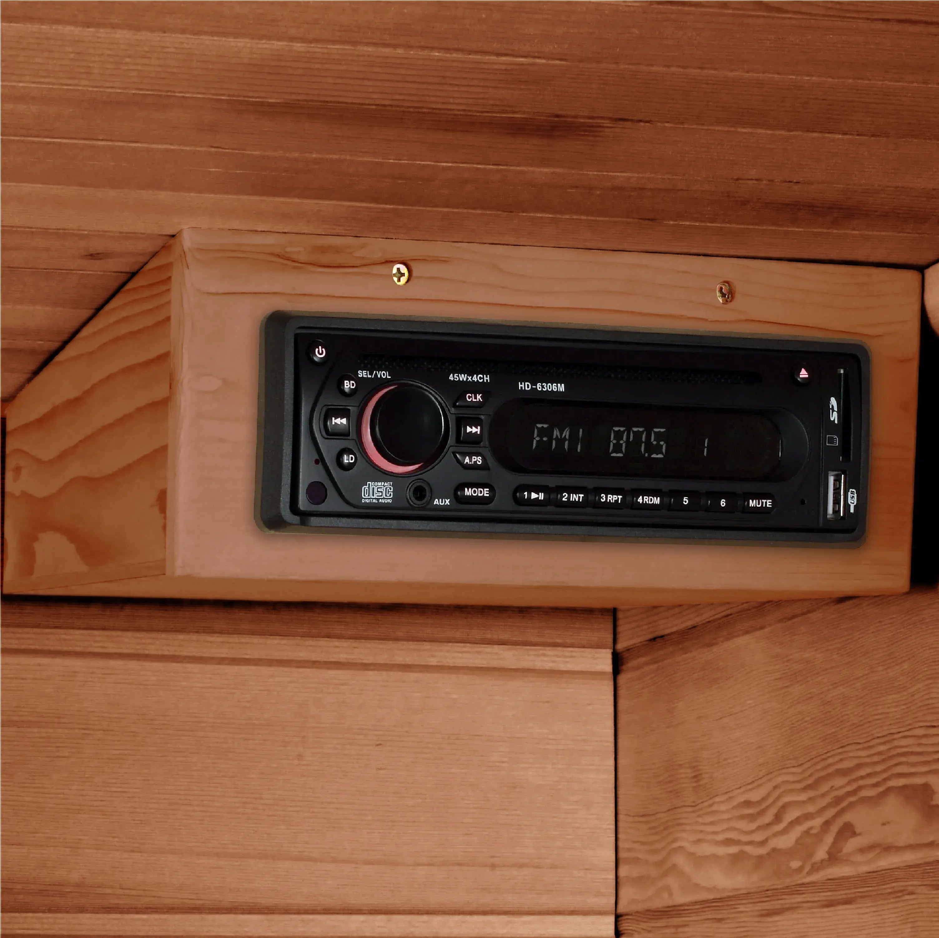 FM radio inside the Maxxus Saunas FAR infrared Bondi corner model sauna constructed from Canadian red cedar with a three person capacity